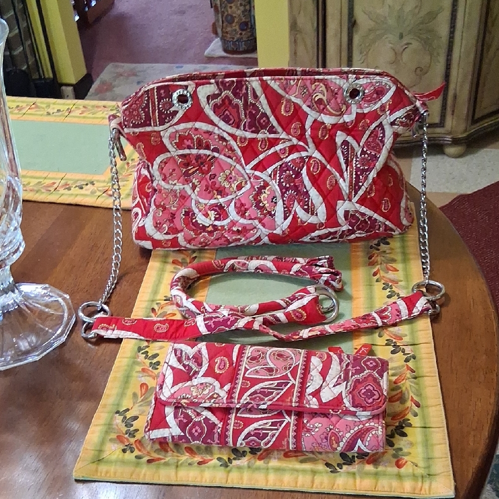 Vera Bradley Red and White Paisley Crossbody Bag Set
